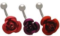 14g Curved Barbell surgical steel banana with Ceramic Rose Charm